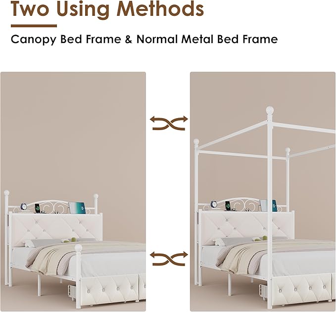 Queen Upholstered Canopy Bed Frame with 2 Drawers & Crystal Tufted Storage Headboard Metal Platform Bed with Charging Station & 4 Removable Posts No Box Spring Needed Curtain Not Included, Beige