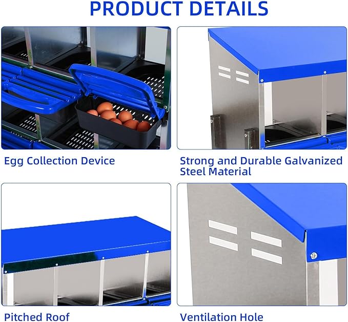 [8-Pack] Chicken Nest Box for Hens - Galvanized Steel Wall-Mounted or Freestanding Chicken Nest with Ventilation Holes - Poultry Nest Box with Legs for Egg Laying (Blue)