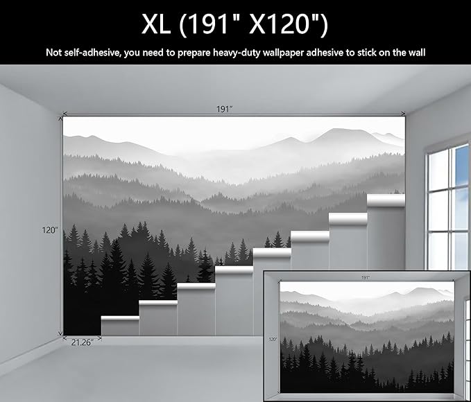 WFBHUA-Black and White Forest Mountain Wallpaper Gray Woodland Nature Landscape Wall Paper Mural for Bedroom Living Room(Not Peel and Stick)