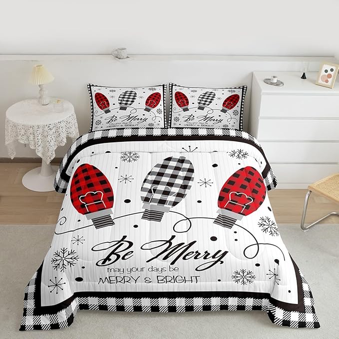 Merry Christmas Kids Comforter Set King Size,Geometric Grids Stylish Bedding,Girls Boys Adults Bedroom/Xmas Cabin Decor,Snowflake Bells Down Comforter,Rustic Farmhouse Duvet Insert,2 Pillowcases