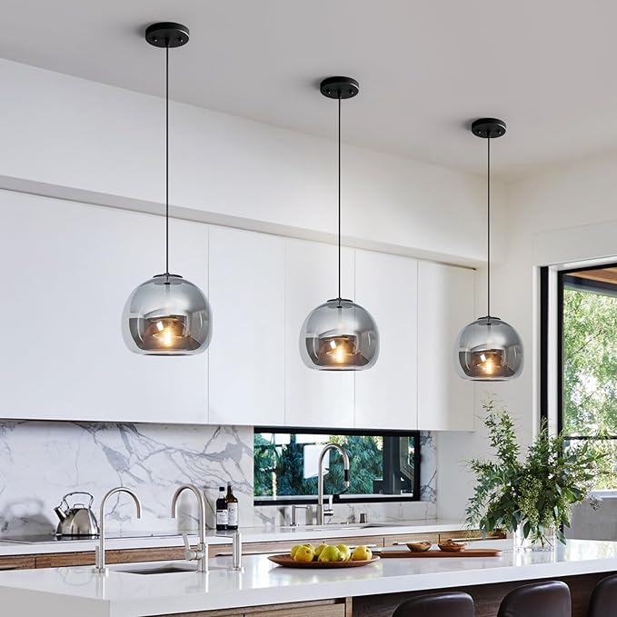 1-Light Mirror Gray Glass Pendant Lights Kitchen Island Black Hanging Light