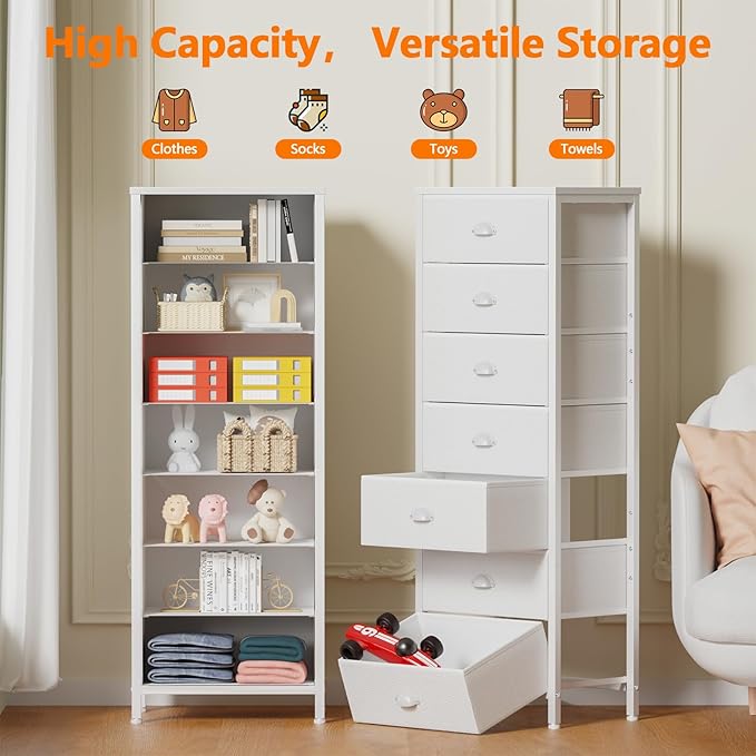 Furnulem White Tall Dresser for Bedroom with 7 Drawers, Vertical Chest of Drawer in Closet, Nightstand Storage Tower Unit Organizer with Fabric Bins for Dorm,Living Room,Entryway,Hallyway