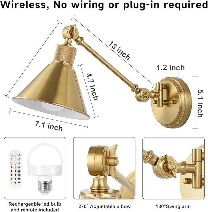 TRLIFE Rechargeable Battery Operated Wall Sconces, Dimmable and Adjustable