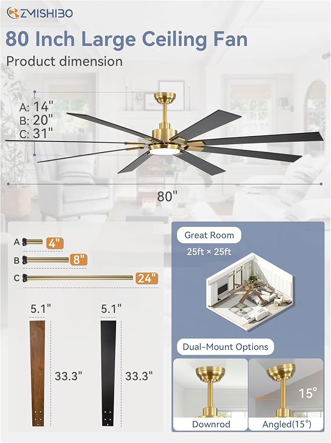 ZMISHIBO 80 Inch Black and Gold Ceiling Fans
