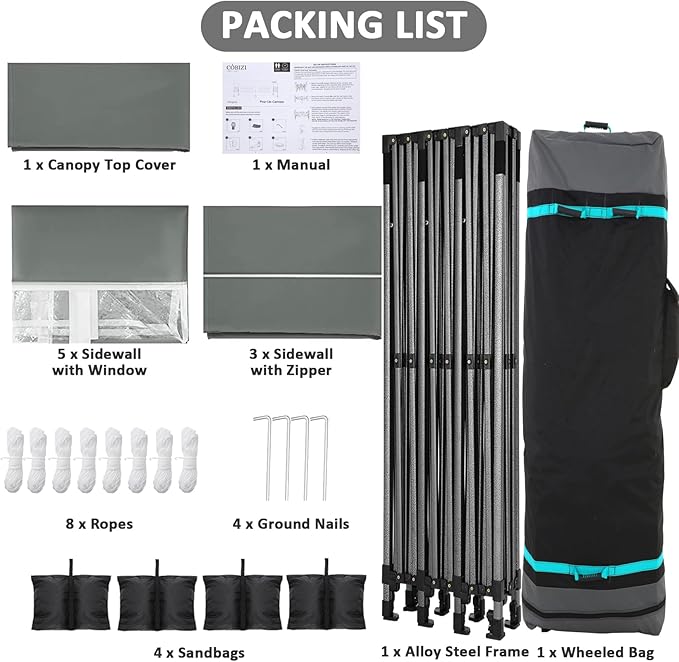 COBIZI 10x30 Pop Up Canopy with 8 Sidewall,Heavy Duty UPF 50+ All Season Wind Waterproof Commercial Outdoor Wedding Party Tents for Parties Canopy Gazebo with Roller Bag(10 x 30 ft Gray)