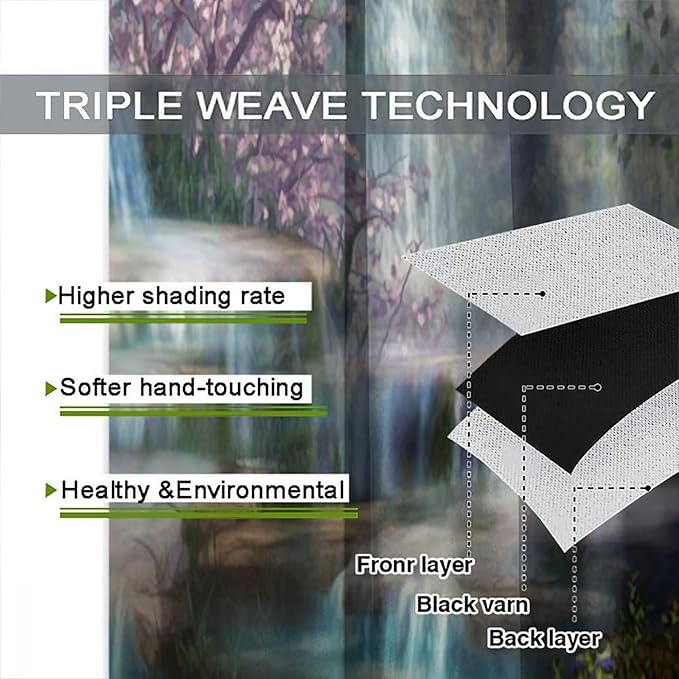 Natural Waterfall Blackout Window Curtains, Waterfalls Flowers Trees Landscape Window Drapes, for Living Room Bedroom 55" W X 63" L