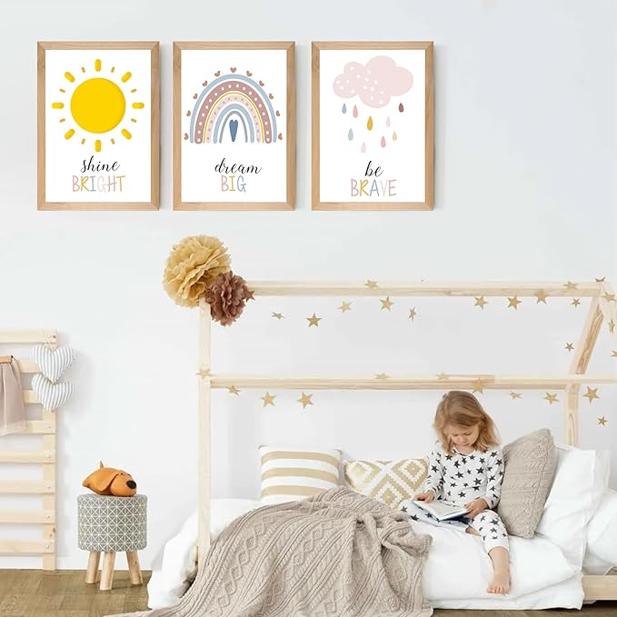 Set of 3 Framed Boho Nursery Wall Art Prints Decor,12x16”Rainbow Weather Wall Decor Inspirational Canvas Wall Art Prints Framed Nursery Children Artwork for Kids Playroom Bedroom Decoration