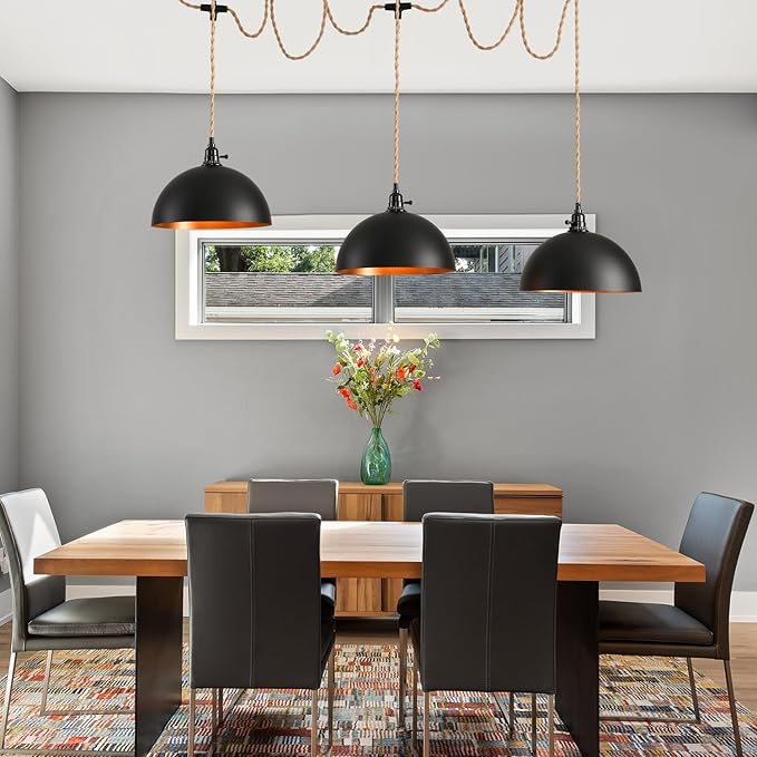 3-Light Hanging Light with Plug in Cord, Plug in Pendant Light 22ft Hemp Rope