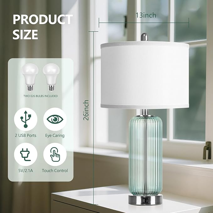 Table Lamps Set of 2 with Vertical Grained Glass, Teal Bedside Table Lamp