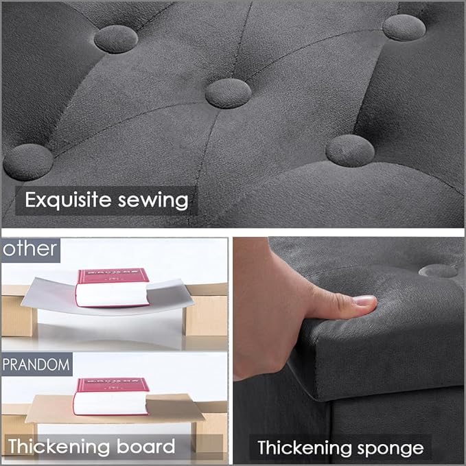 PRANDOM Extra Large Ottoman with Storage [1-Pack] Velvet Folding Small Square Foot Stool with Lid for Living Room Bedroom Coffee Table Dorm Dark Grey 30.5x15x15 inches