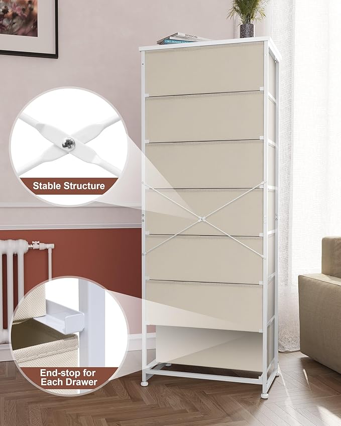 Crestlive Products Tall Dresser, 7-Drawer Fabric Storage Tower, Chests of Drawers - Vertical Organizer Unit for Bedroom, Hallway, Entryway, Nursery, Closets - Steel Frame, Wood Top & Handles (Beige)