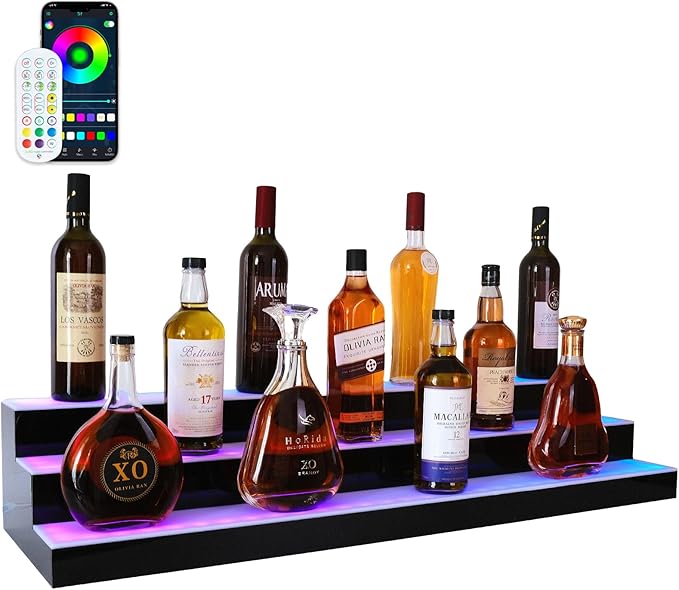 Led Lighted Liquor Bottle Display Shelf, 40 Inch 3 Tier Whiskey Rack, Support