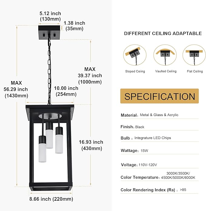 TODOLUZ Black Large 3-Light LED Outdoor Pendant Light