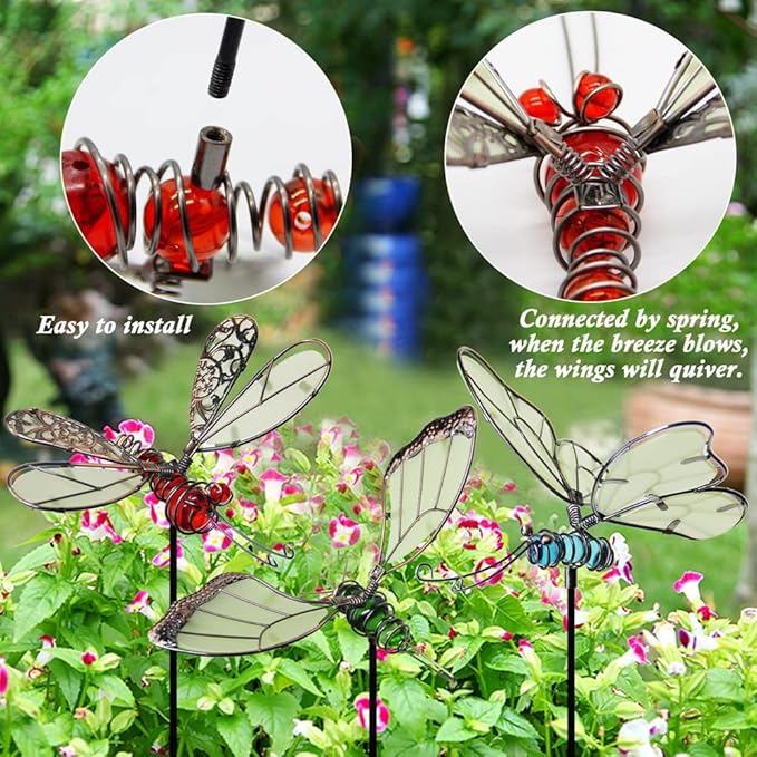 Juegoal 20 Inch Butterfly Garden Stakes Decor, Dragonfly Stakes, Hummingbird Glow in Dark Metal Yard Art for Mom, Mothers Day Ideal Gifts, Indoor Outdoor Lawn Pathway Patio Ornaments, Set of 3