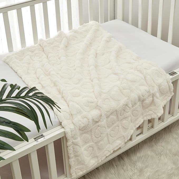 CREVENT 30"X40" Cozy Soft Warm Sherpa Baby Blanket for Girls Boys, Newborn Essentials for Infant, Baby Shower Receiving Gift - White Heart 75X100cm