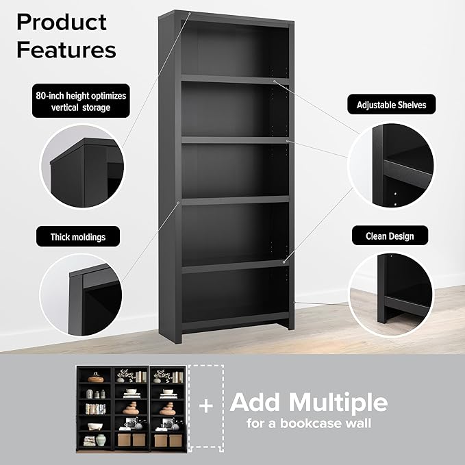 Prepac Moda 5-Tier Tall Wooden Bookcase, Black Storage Cabinet, Display Cabinet, Bookshelf with Storage Shelves 31.75" W x 80" H x 12" D for Home Office, Living Room, Bedroom Organizer