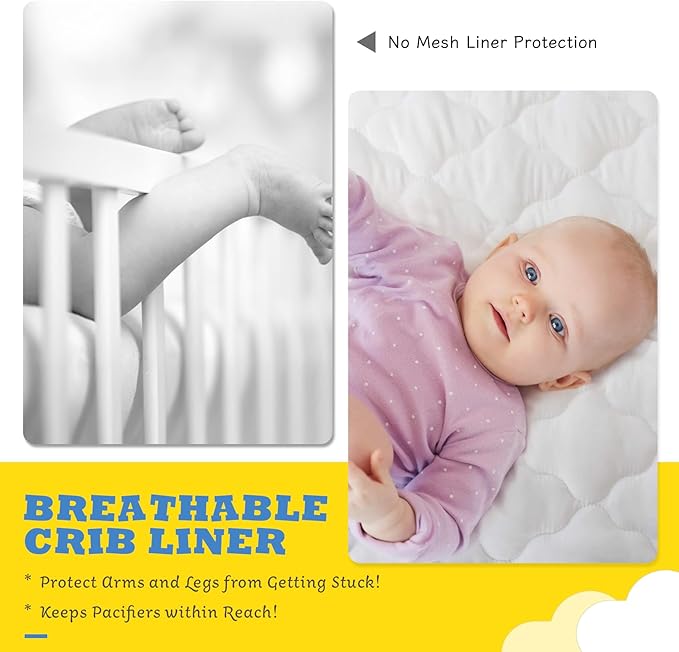 Upgraded Mini Crib Breathable Mesh Liner, Standard Length, More Straps for Fixing Liner, Protects Legs and Arms, 3mm Breathable Mesh, Only Fits 38" x 24" Mini Crib