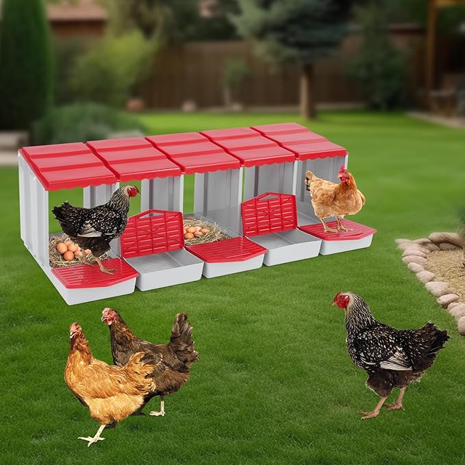 Chicken Nesting Box, 5 Compartments Laying Boxes for Hens, Nest Box for Chicken Duck Poultry Coop, Wall Mount Chickens Roosting Boxes, Protect Collect Egg (Red)