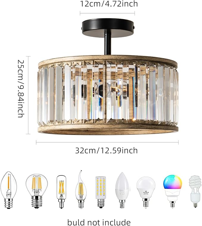 Veronie Crystal Ceiling Light Fixture, 3 Light Crystal Semi Flush Mount