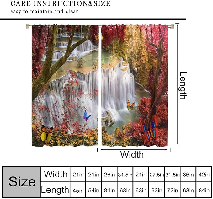 Landscape Blackout Curtains, Nature Forest Waterfall Butterfly Scenery Pattern Rod Pocket Window Drapes, for Bedroom Living Room 42" W X 54" L