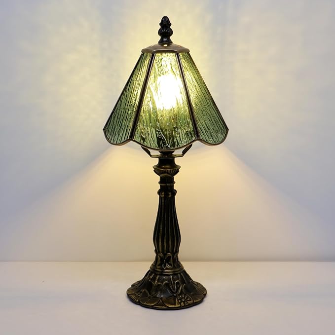 Small Tiffany Table Lamp Green Bark Pattern Style Stained Glass Desk Lamps