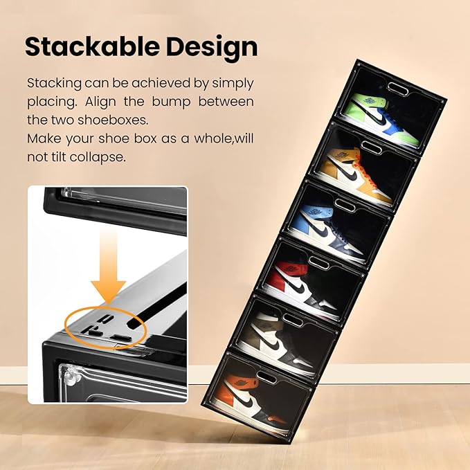 8 Pack Shoe Boxes Black Plastic Stackable, Large Shoe Storage Organizer