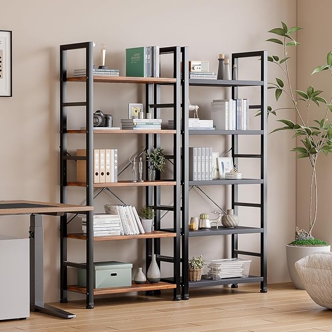DUMOS 5-Tier Book Shelf Tall Modern Bookcase Set of 2 for Books, CDs, Movies, Storage and Organization Bookshelf Industrial Home Decor for Bedroom Office Kitchen Living Room, Black & Brown