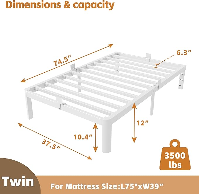 12 Inch Twin Bed Frame, Platform Bed Frames with Metal Gaskets, Anti-Slip Mattress Stopper, No Box Spring Needed, Heavy Duty Steel Slat Support, Round Corner Leg, Easy Assembly, White