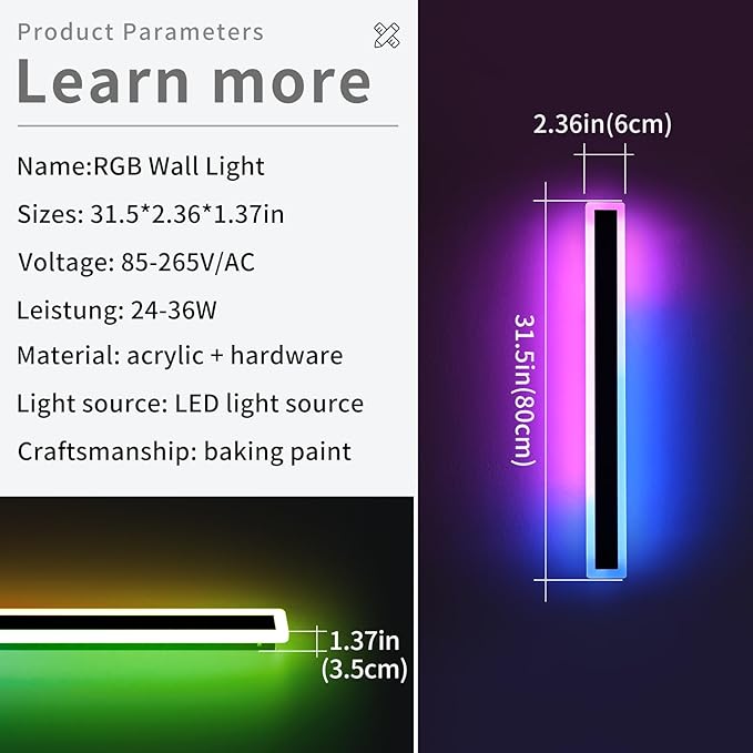 2 Pack 31.4inch Modern Outdoor Wall Lights, RGB Dimmable LED Wall Sconce Light