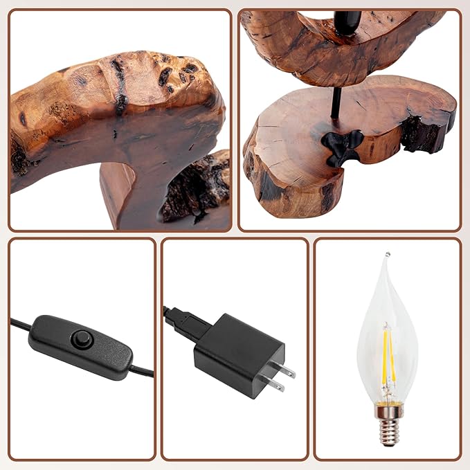 LAPTAIN Wood Table Lamp, Irregular Jujube Tree Wooden Bedside Lamp, Creative