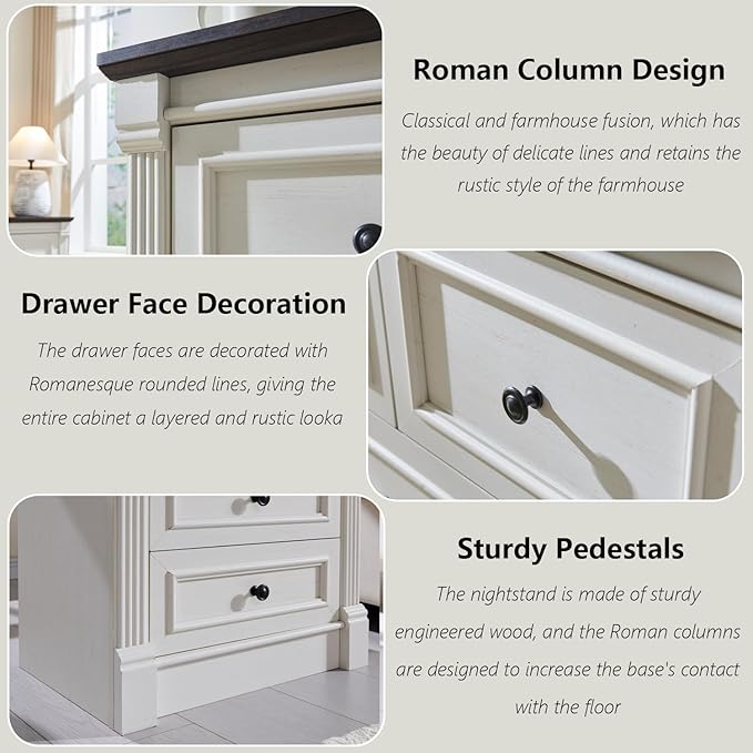26" Tall 2 Drawers Dresser for Bedroom, Farmhouse 23.6" Wide Large Nightstand with Charging Station, Wood Rustic Side Table w/Roman Column, End Table for Bedroom, Living Room, White