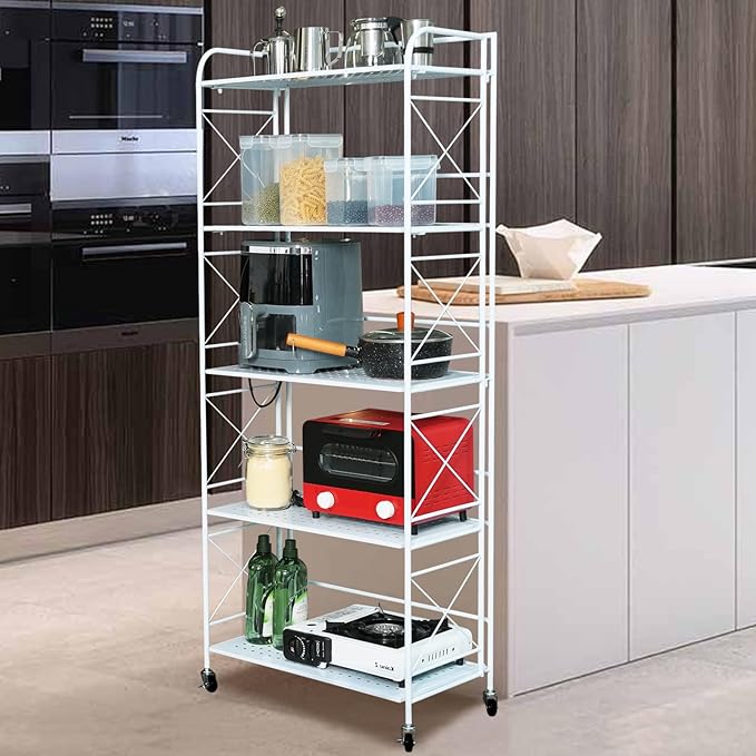 Foldable 4-Tier Metal Shelf with Wheels - Folding Bookshelf Unit for Living Room, Kitchen, Study 12.6" D x 23.6" W x 46.8" H, Glossy White
