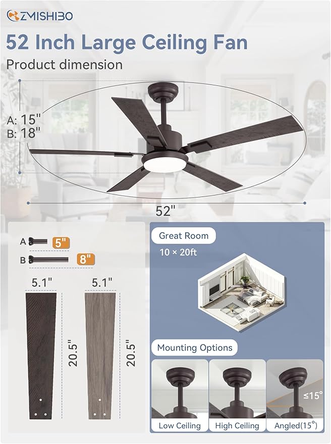 ZMISHIBO 52 inch Bronze Ceiling Fans