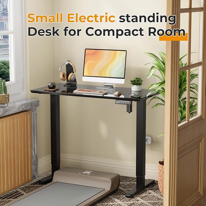 JOY worker Small Electric Standing Desk, 40" x 20" Whole Glass Piece Height Adjustable Desk with Memory Controller, Sit to Stand Desk Workstation for Home Office, Black