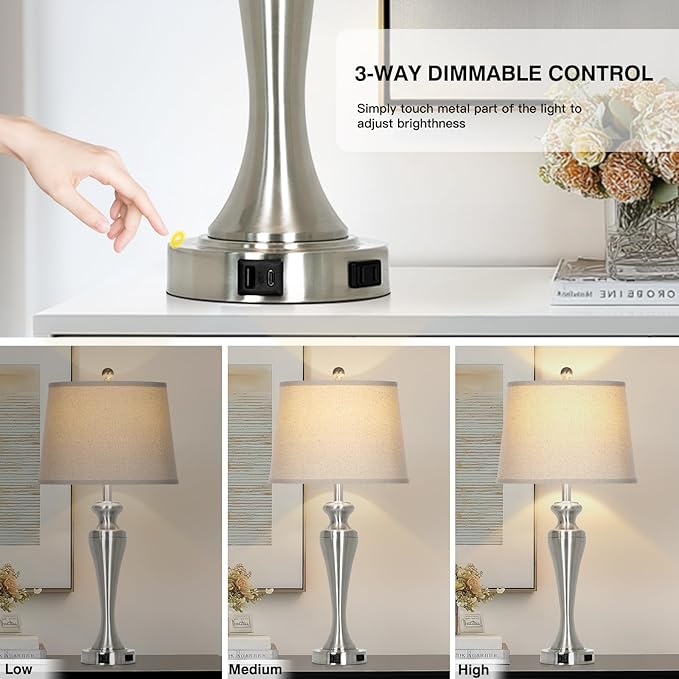 30 Inch Single Silver Table Lamp, 3-Way Dimmable Touch Bedroom Lamp