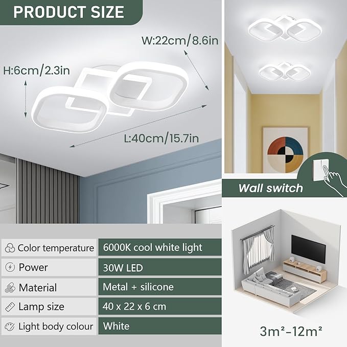 ElDISUNY Modern Ceiling Lights LED 30w White Elegant Square Lamp LED Ceiling