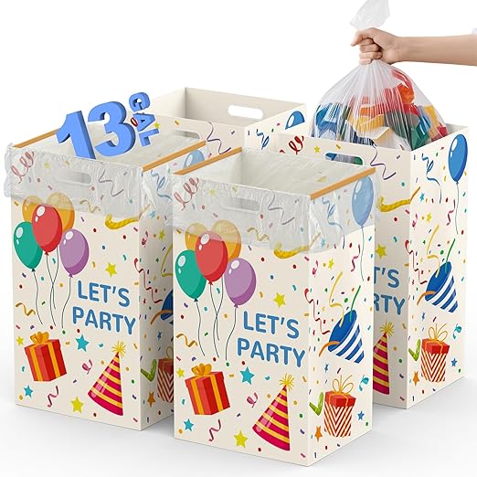 13 Gallon Disposable Trash Cans with Built-in Handles, 4 Pack Extra Large Portable Trash Can, Waterproof Layer Reusable Garbage Cans, Extra-Thick Cardboard Recycling Bins, Perfect for Parties,Colorful