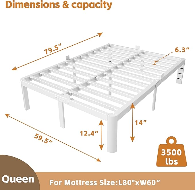 14 Inch White Queen Bed Frame with Metal Gaskets, Anti-Slip Mattress Stopper, No Box Spring Needed, Heavy Duty Steel Slat Support, DIY Headboard, Round Corner Leg, Easy Assembly