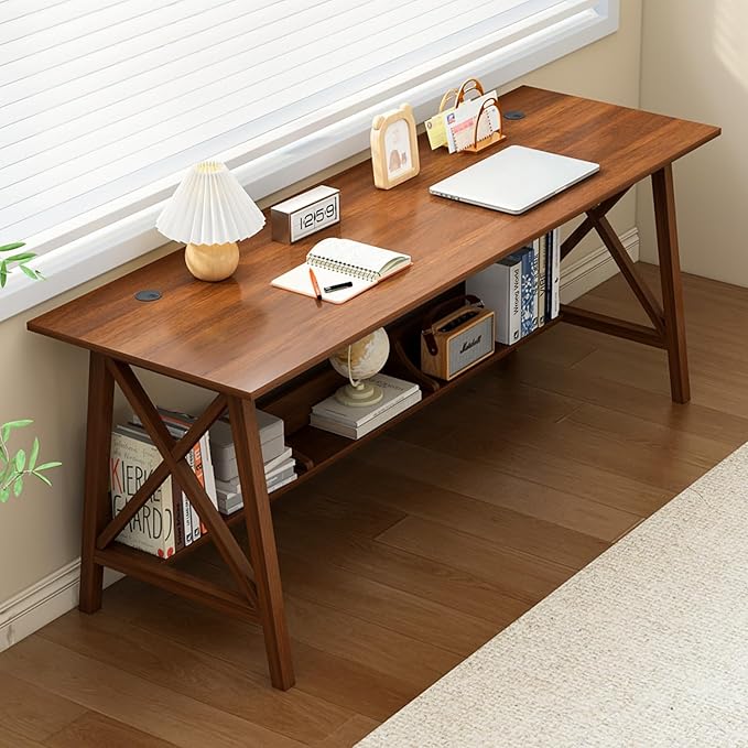 Extra Long Desk with Bookshelf - Wooden Home Office Work Study Table, 2-Person Writing Computer Workstation with Storage Shelf in Walnut, 63" Wx20 Dx30 H
