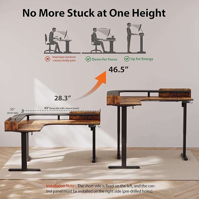 Agilestic L Shaped Standing Desk, Corner Desk with Monitor Shelf, Adjustable Height Gaming Table, Sit Stand Up Table, 63 x 55 Inch Home Office Computer Workstation, Splice Board, Rustic Brown