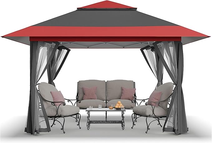 CROWN SHADES 13x13 Pop Up Gazebo, Canopy Tent, Gazebos on Clearance - Outdoor Gazebo for Backyard & Patio Furniture - Carpa Pop Up Tent with Wheeled STO-N-Go Cover Bag (Red & Grey)