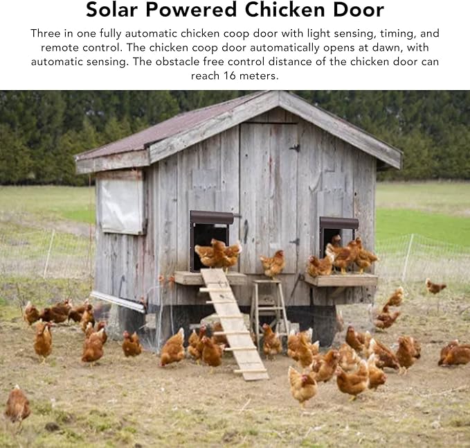 Automatic Solar Powered Chicken Coop Door with Light Sensing and Timer, Metal Iron Auto Chicken House Protection Door for Duck Goose, Remote Control, with LED Clear Dosplay (Brown)