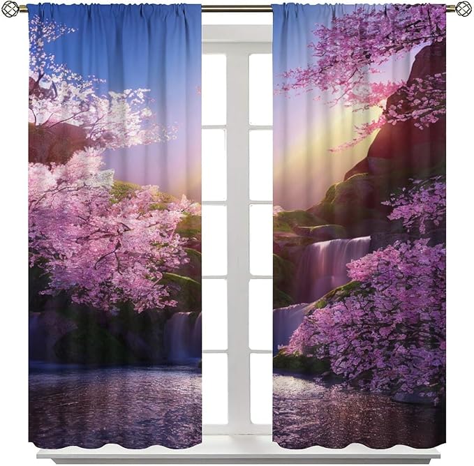 Landscape Waterfall Blackout Curtains, Watercolor Blossom Cherry Flower Forest Pattern Rod Pocket Window Drapes, for Bedroom Living Room 72" W X 63" L