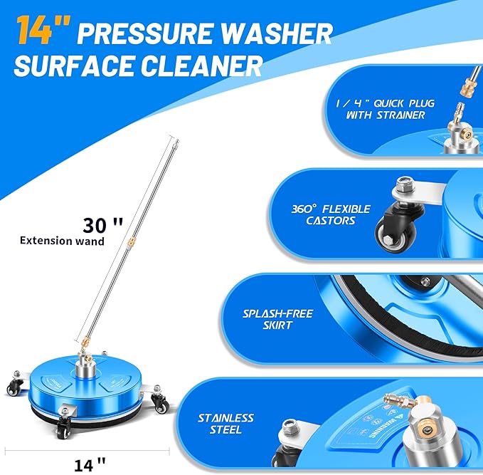 14" Pressure Washer Surface Cleaner with 4 Wheels - Coated Blue Stainless Steel Surface Cleaner for Pressure Washer Attachment for Concrete, Driveway, Patio, Sidewalk, Deck and Driveways - PWS14B