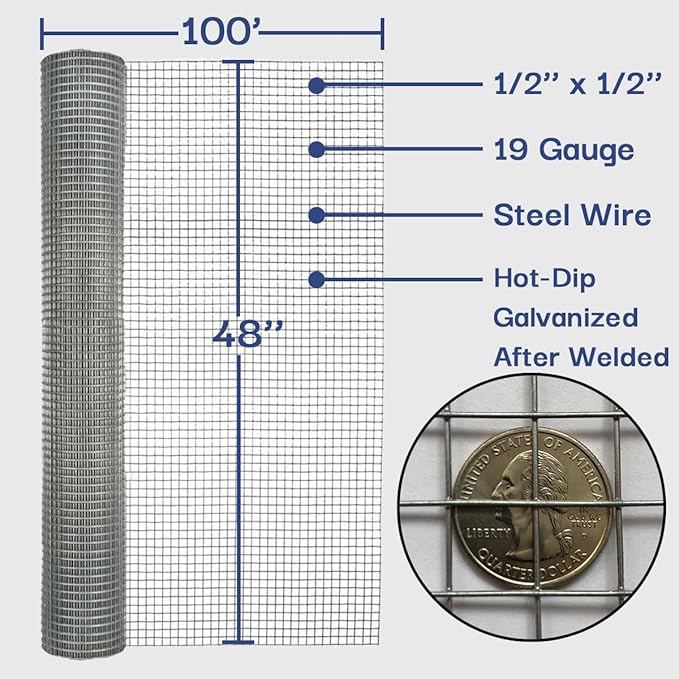 Hardware Cloth 1/2 in. x 4 ft. x 100 ft. 19-Gauge, Wire Mesh Roll, Chicken Wire Fence, Gopher Mesh, Garden Fencing, Chicken Wire Fence Roll, Tree Guard, Critter Fence, Welded Wire Fencing