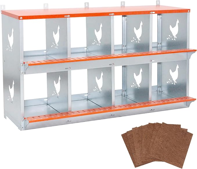 Chicken Nesting Boxes, 8 Rooms Hens Nest Box, Metal Poultry Nest Box Wall Mount for Chickens Egg Laying Box Collection Vented Holes Chicken Coop Cages Equipment, Orange (8 Rooms)