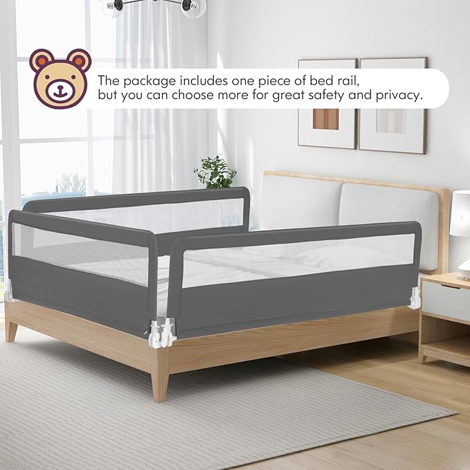 BABY JOY Bed Rails for Toddlers, 71'' Extra Long, Swing Down Bed Guard w/Safety Strap, Folding Baby Bedrail for Kids Twin, Double, Full Size Queen & King Mattress (71-Inch, Gray)