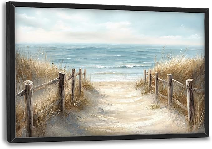 Olivine Beach Large Wall Art, Coastal Seascape Pictures Wall Decor, Nautical Paintings, Sea Canvas Prints, Framed Artwork for Dining Room Bedroom Living Room Office Bathroom Home Decoration 36"x24"