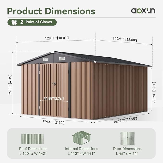 Aoxun 10 x 12FT Outdoor Storage Shed with Double Hinged Large Door Utility Garden Shed with Lockable Door & Sloped Roof Metal Sheds Outdoor Storage for Garden, Backyard, Patio and Backyard, Brown