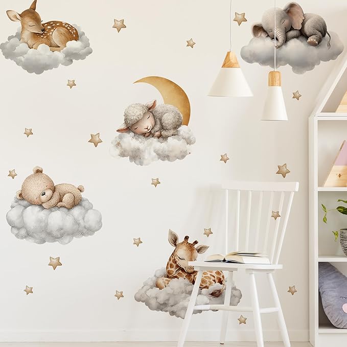 Sleeping Animals Wall Decals,Dreamy Clouds & Star Theme Art Wall Sticker Decors,Peel and Stick Elephants, Bears, Deer Decals for Kids Bedroom Nursery Playroom Library Living Room and Bedroom Decor